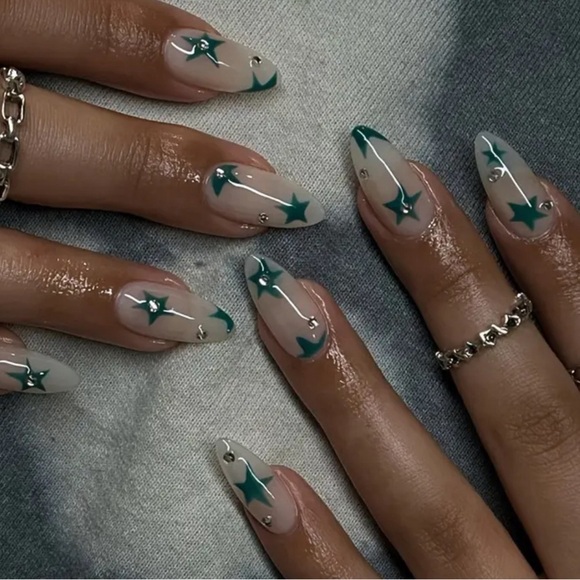 24 pcs Almond French Acrylic Press On Nail Set Reusable green stars French ✨💚 - Picture 1 of 7